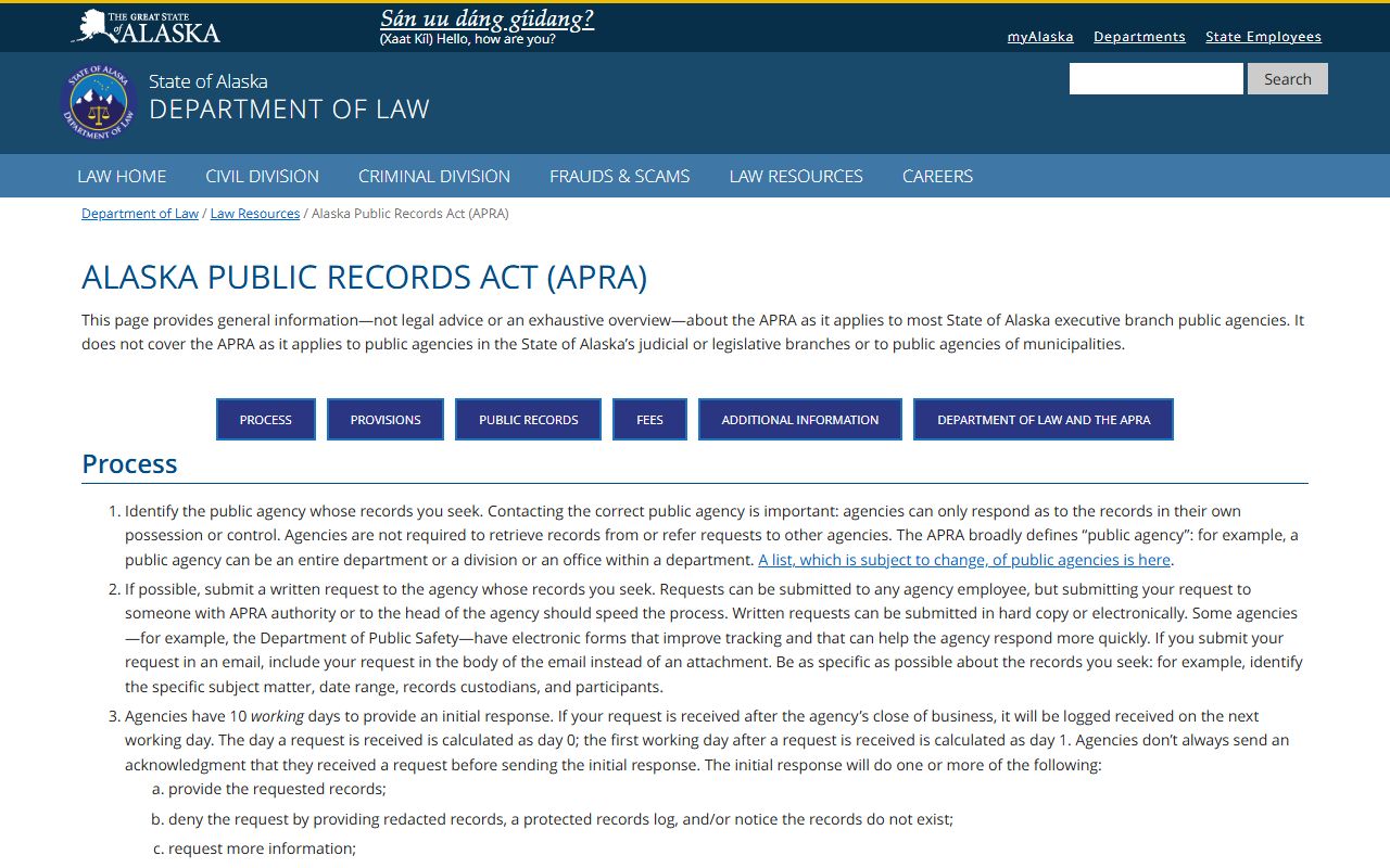 Alaska phone directory public records act information