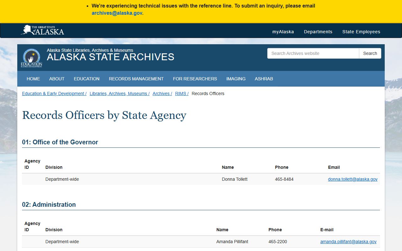 Alaska phone directory state records officers by agency